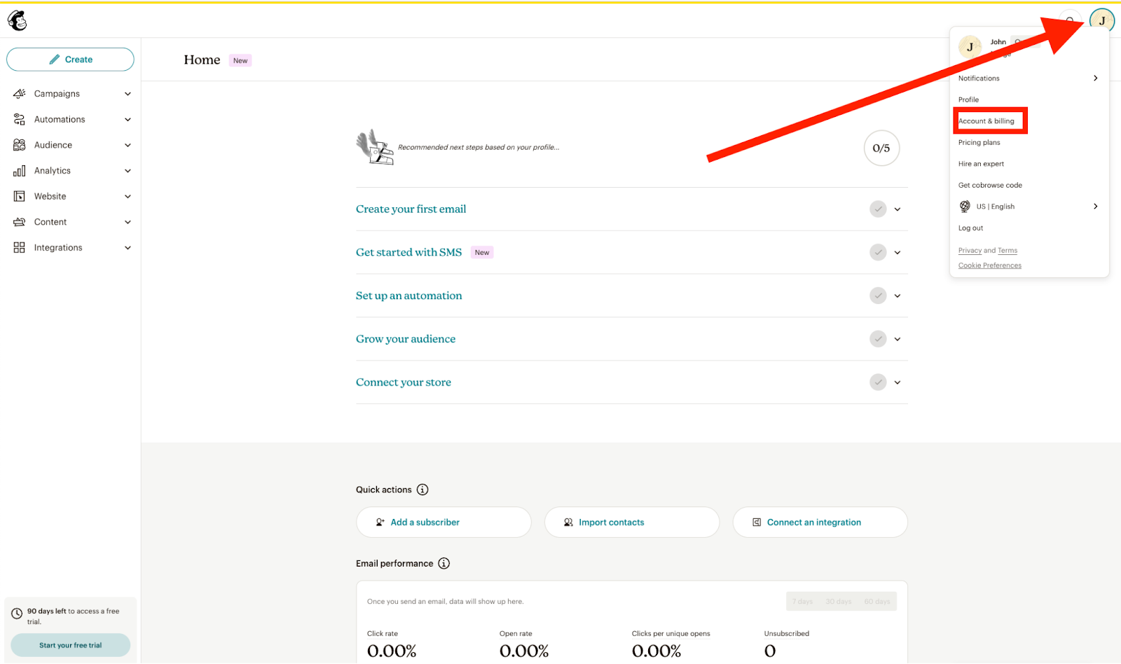 Navigating to Mailchimp's Account & billing page