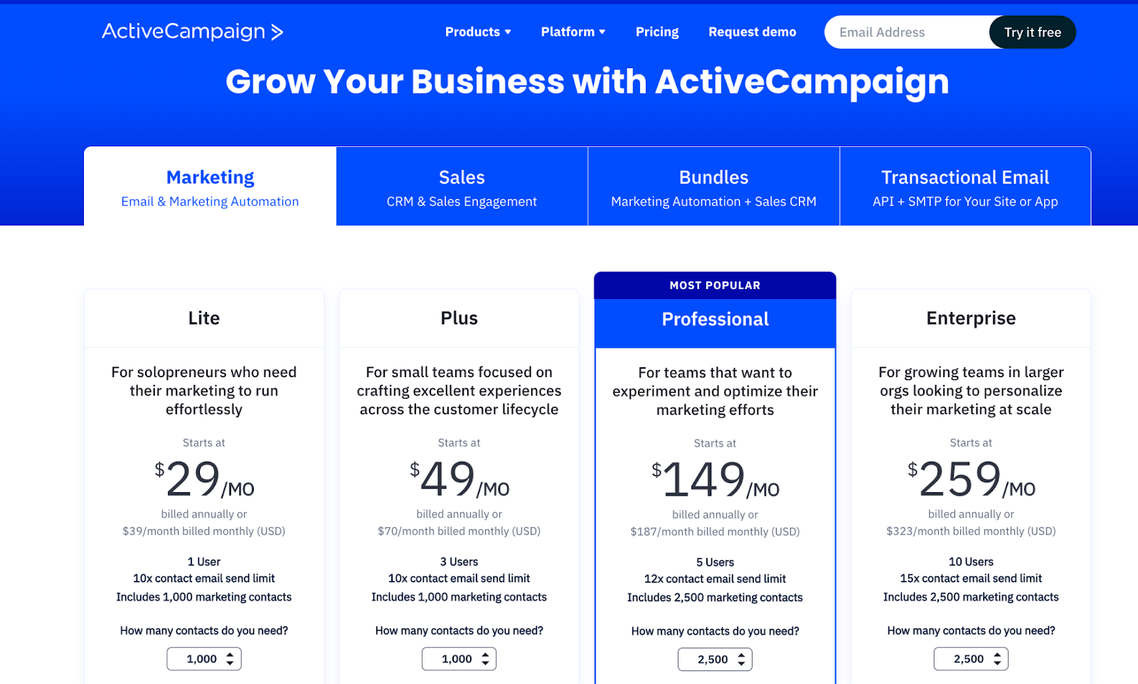 ActiveCampaign's pricing plans