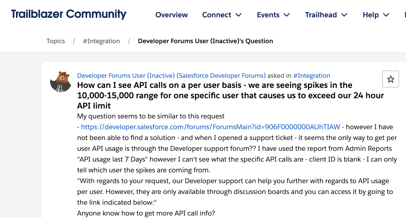 Screenshot of a question on Salesforce's API in the Trailblazer Community