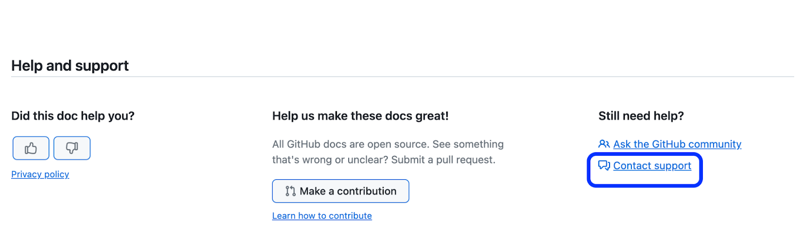 Screenshot of where you can ontact GitHub's support team within their API docs