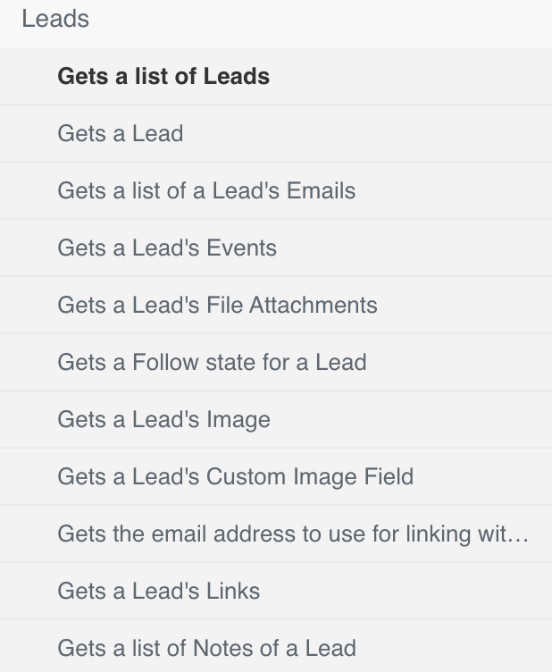 A screenshot of various resources you can fetch from Insightly's Leads resource