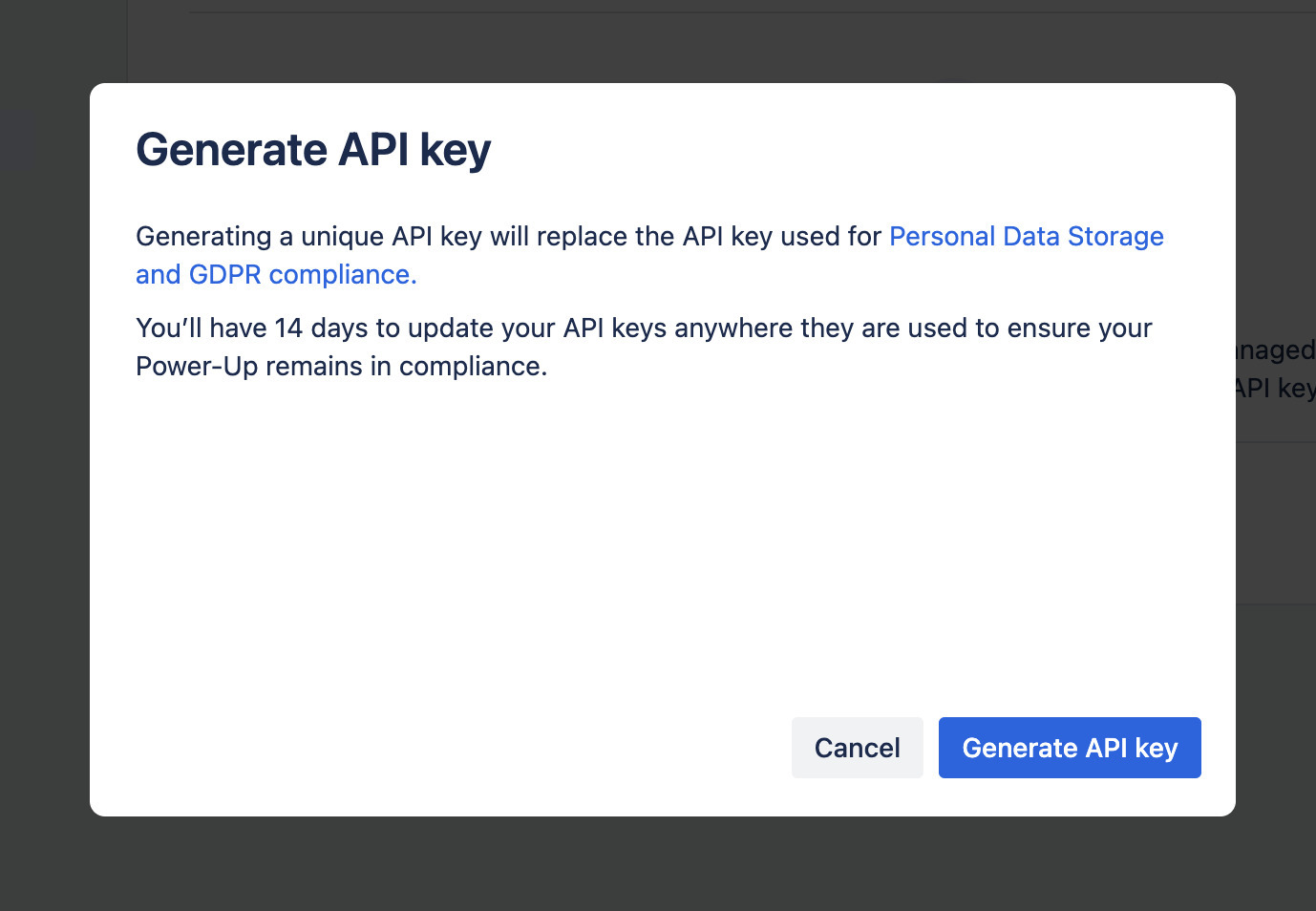 A pop-up with additional information on the API key