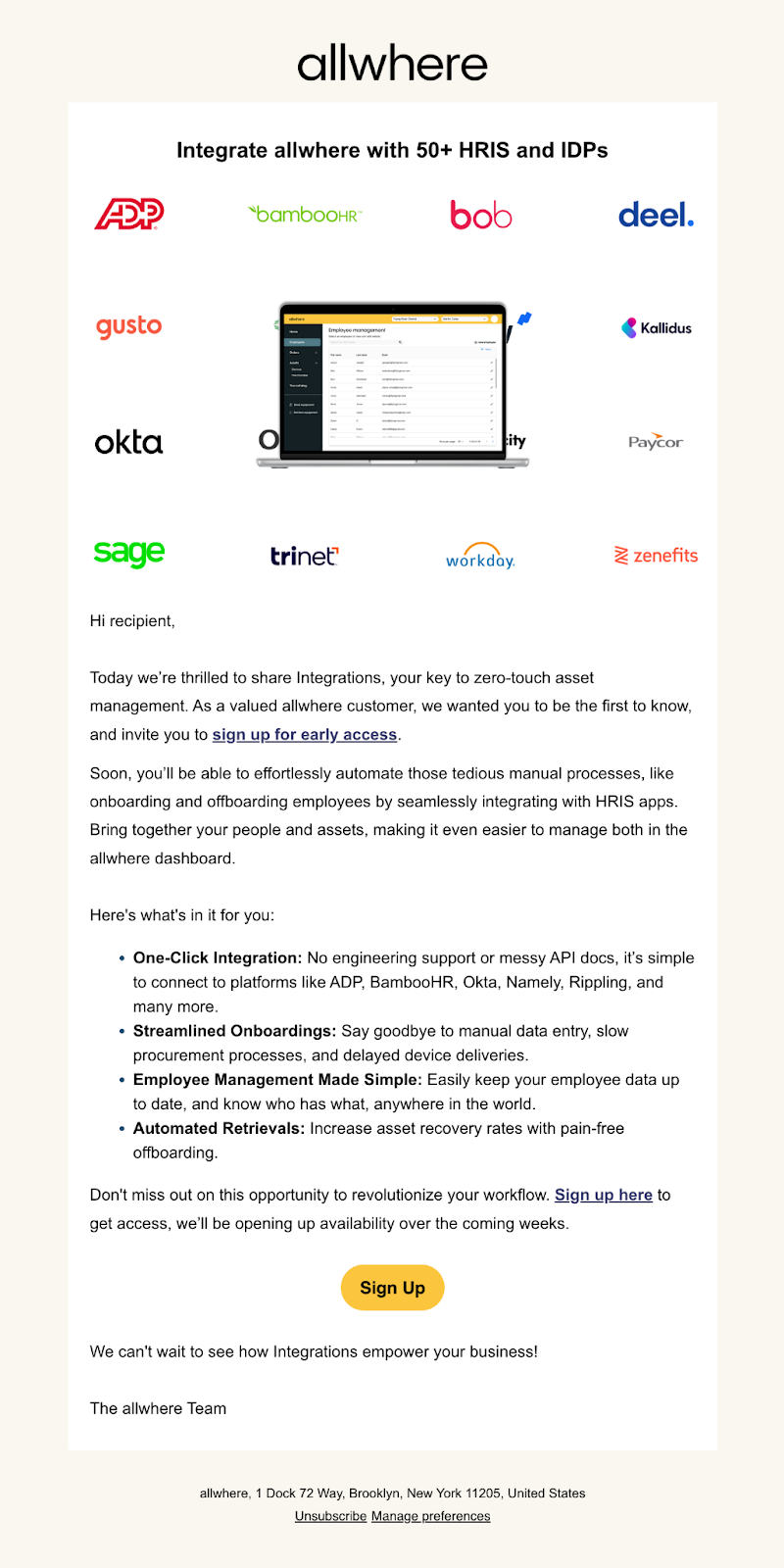 Email from allwhere that announces their integrations