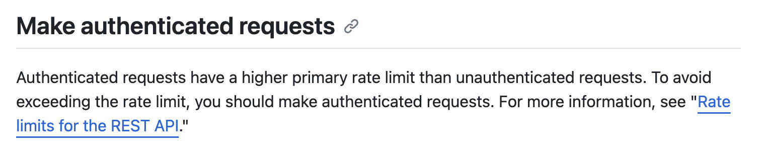 A screenshot from GitHub's documentation that confirms that authenticated requests have a higher rate limit than unauthenticated requests