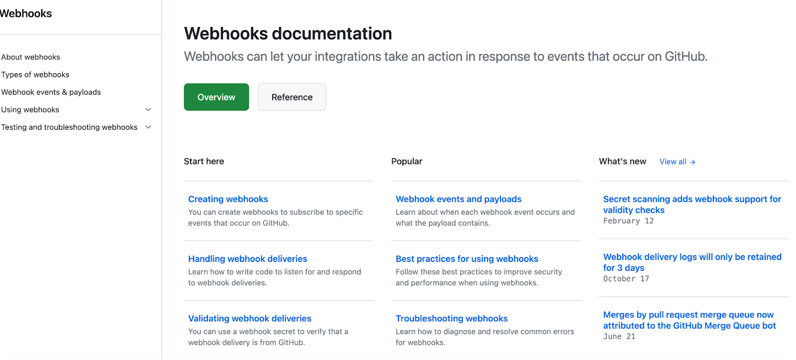 A screenshot of GitHub's webhooks documentation