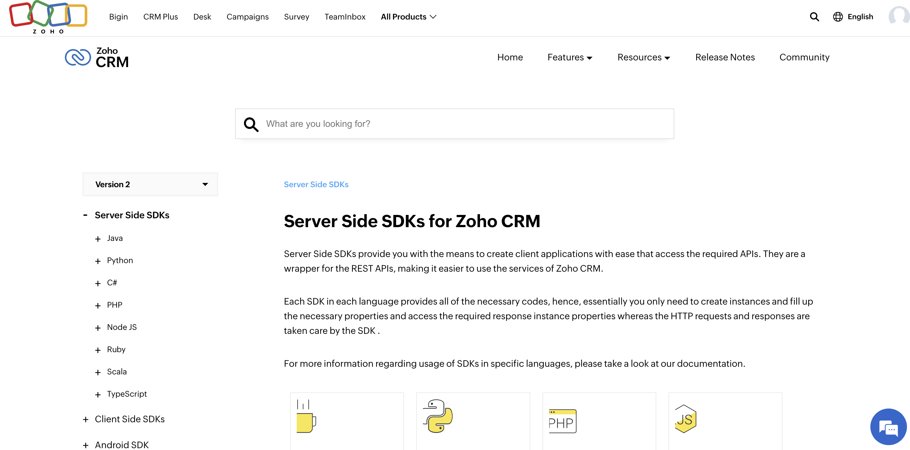 Zoho SDKs home page